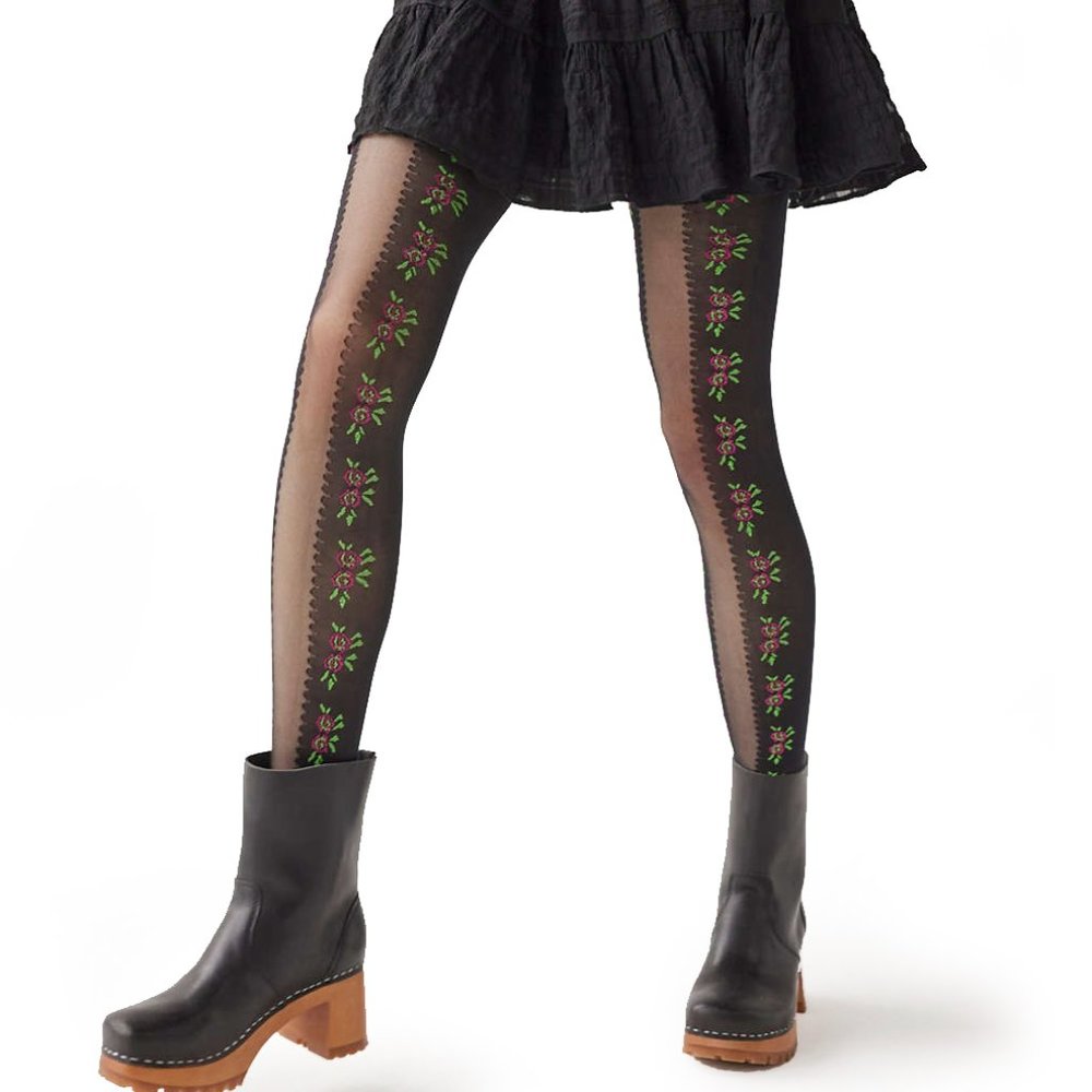 UO Black vintage rose pattern print floral tights